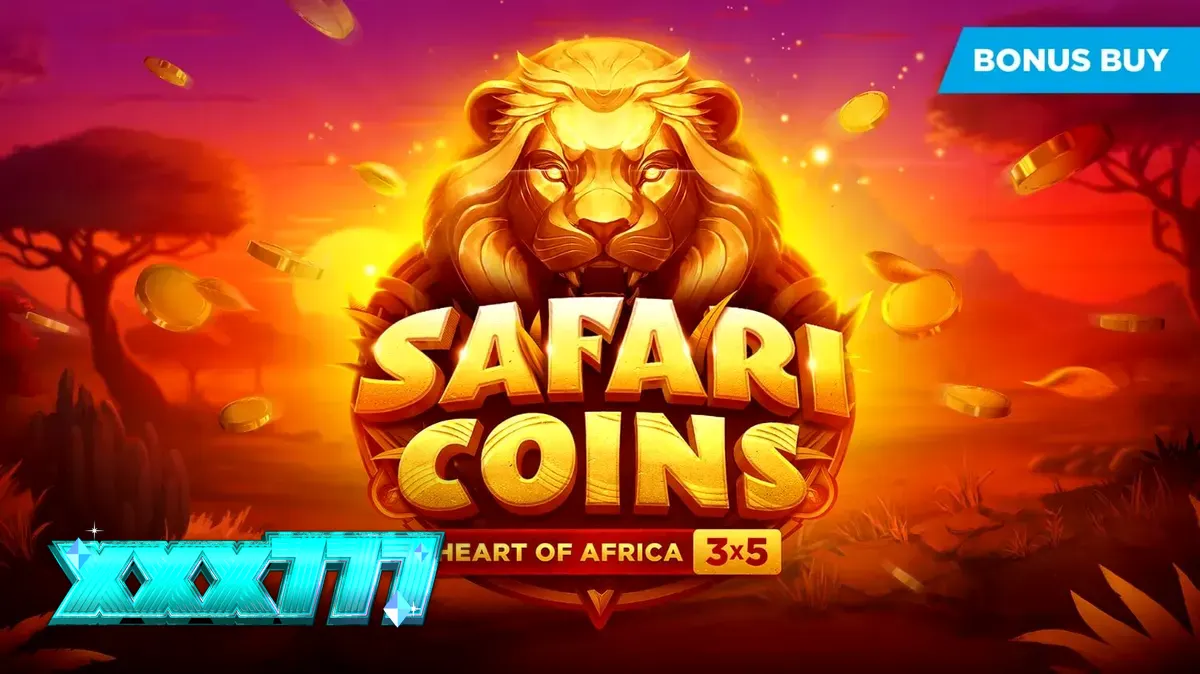Tangkapan layar permainan slot Safari Coins oleh Evoplay, menampilkan singa di sabana Afrika dengan gulungan penuh koin dan simbol bonus, dioptimalkan untuk perangkat seluler.